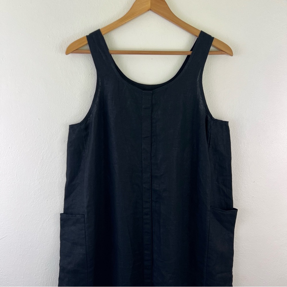 100% Linen Black Maxi Length Lagenlook Sleeveless Dress With Front Pockets/Slit - Picture 2 of 5